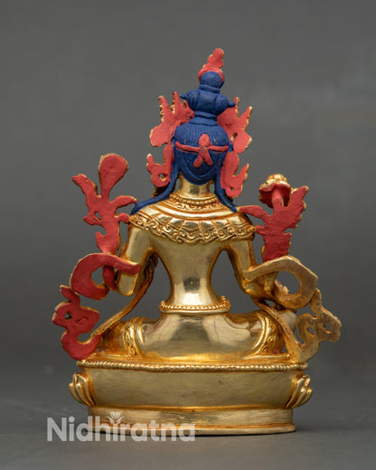 Back view Green Tara sculpture, gold-gilded copper, handmade Himalayan Buddhist art