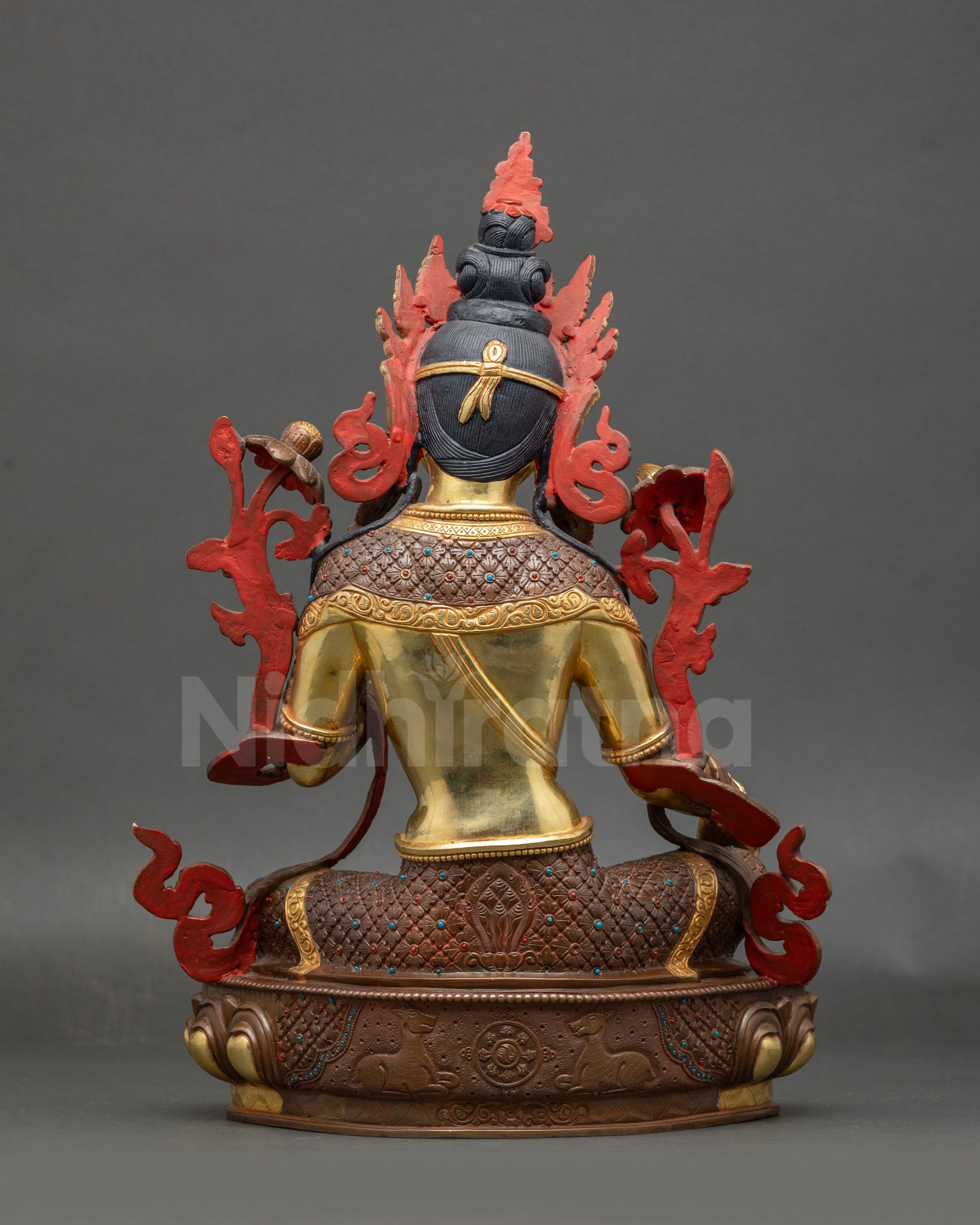 Back view Green Tara statue | Handcrafted Nepalese copper with intricate oxidized details