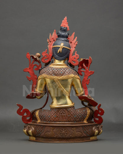 Back view Green Tara statue | Handcrafted Nepalese copper with intricate oxidized details