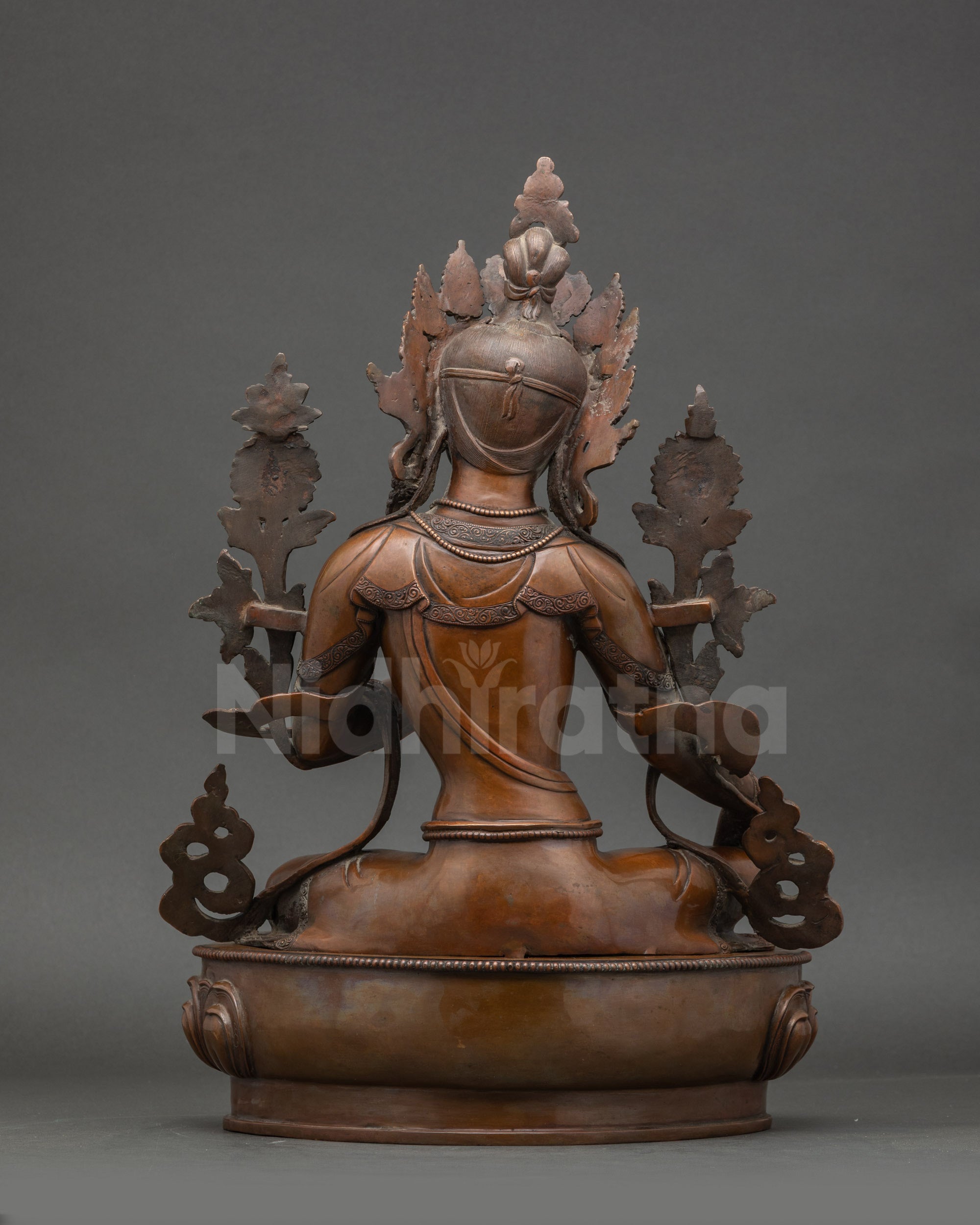 Back view Green Tara statue fully oxidized copper, handcrafted Buddhist altar sculpture