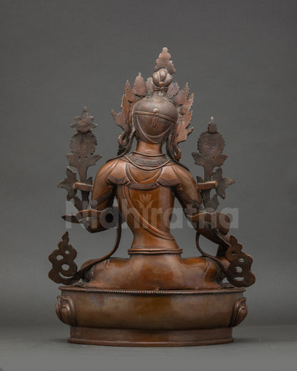Back view Green Tara statue fully oxidized copper, handcrafted Buddhist altar sculpture
