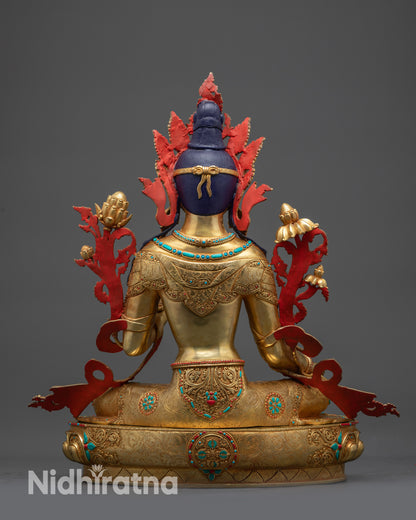 Back view Green Tara statue gold fire-gilded robe with intricate Newari craftsmanship