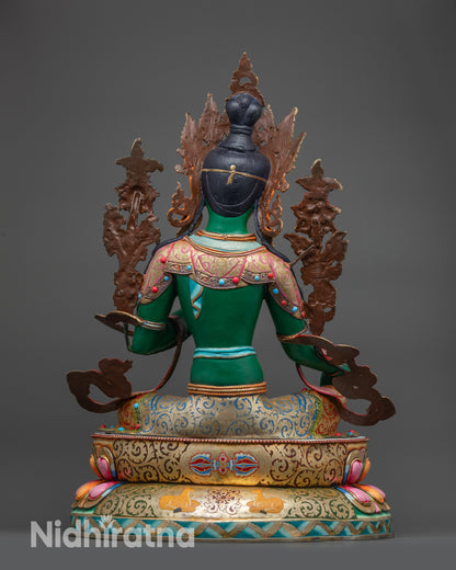 Back view Green Tara statue hand-painted details and sacred lotus pedestal
