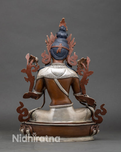 Back view Green Tara statue, handmade Nepalese Buddhist sculpture with flowing robes