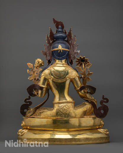 Back view Green Tara statue highlighting intricate robe patterns and copper-gilded detailing