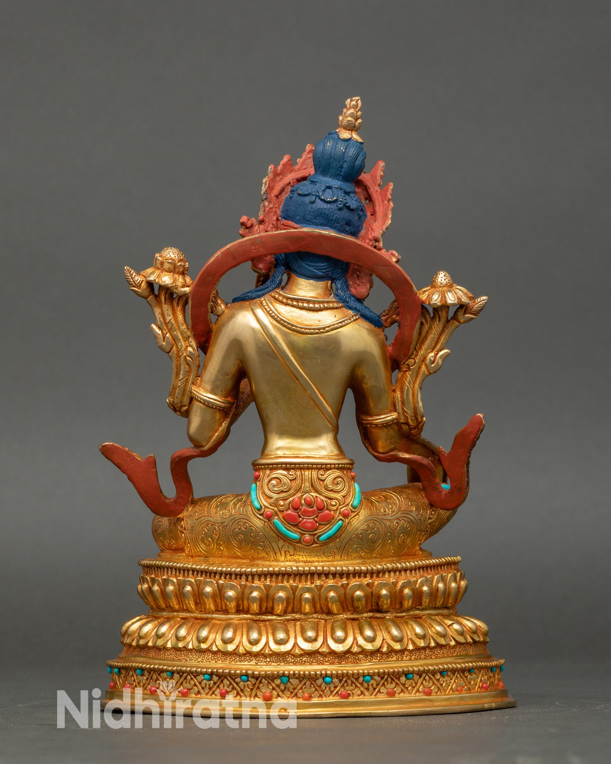 Back view Green Tara statue, lotus pedestal, Utpala flower, sacred handmade Buddhist decor