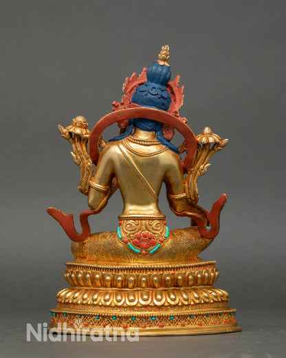 Back view Green Tara statue, lotus pedestal, Utpala flower, sacred handmade Buddhist decor