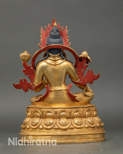 Back view Green Tara statue, lotus pedestal, semi-precious stones, sacred Buddhist décor