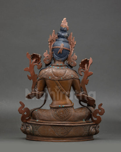 Back view Green Tara statue showing intricate details, handmade Nepalese copper
