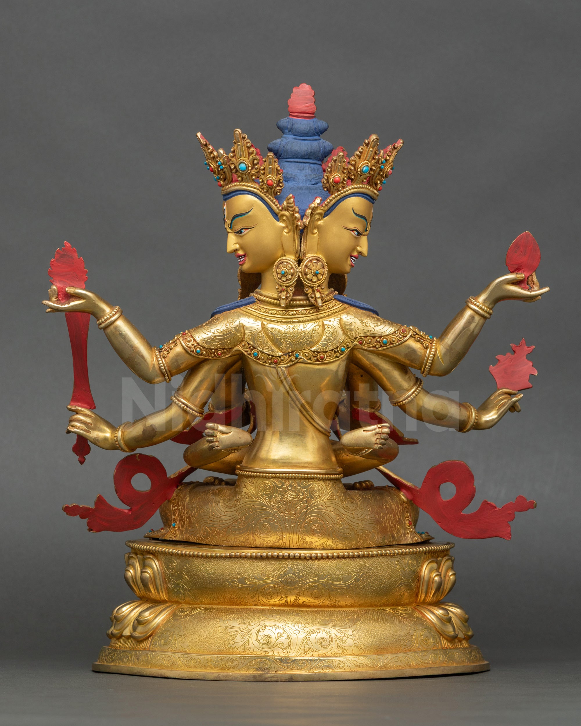 Back view Guhyasamaja gold-gilded Newari handmade Buddhist tantric statue Nepal