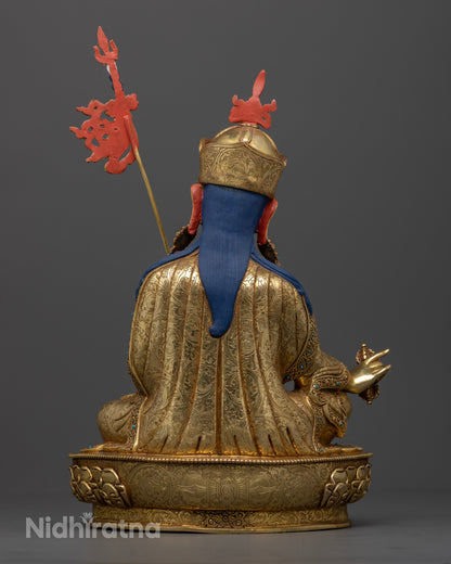 Back view Guru Padmasambhava statue with intricately carved robes and lotus throne, traditional Newari Buddhist sculpture