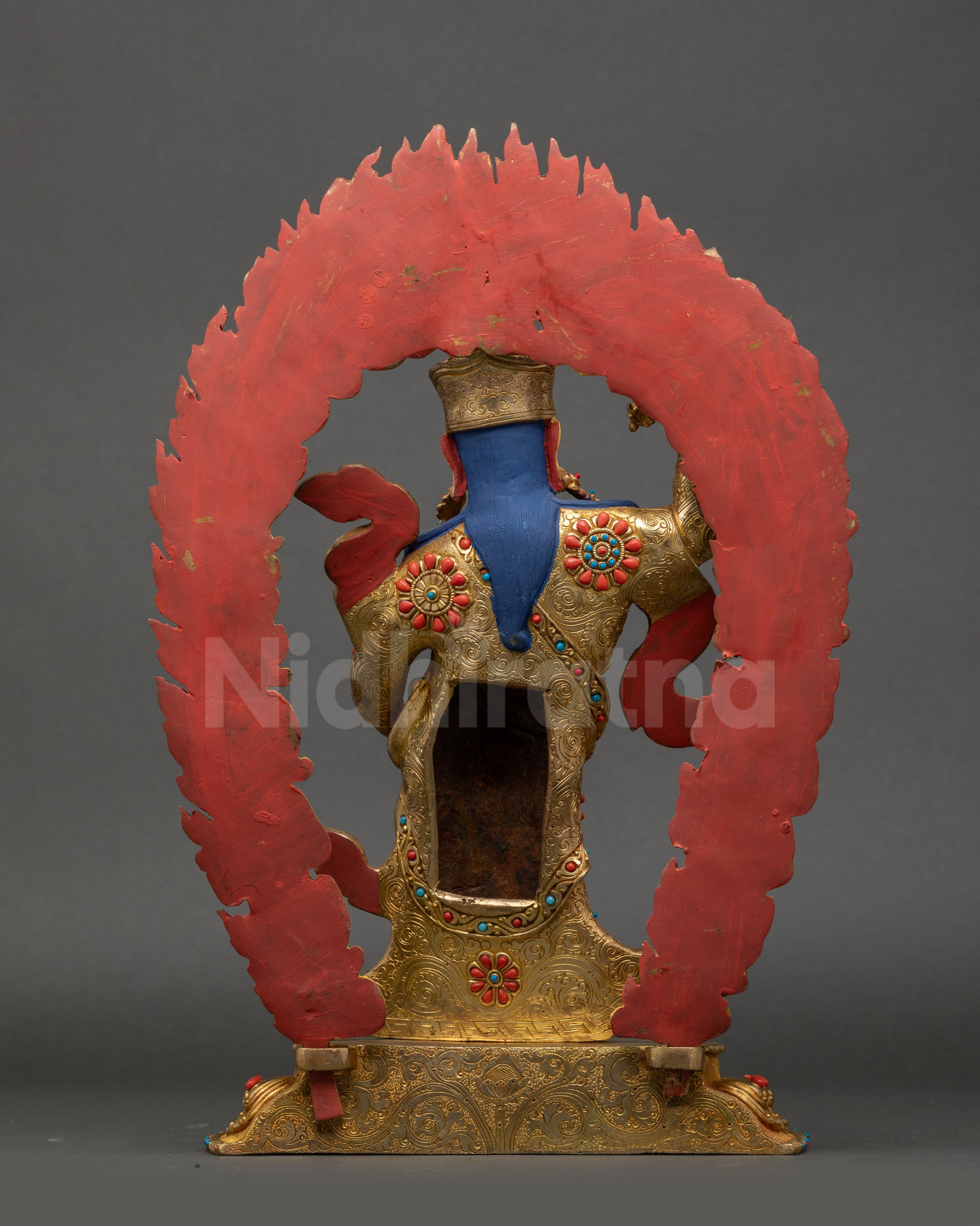 Back view Guru Padmasambhava statue with large flaming halo, Himalayan Buddhist decor