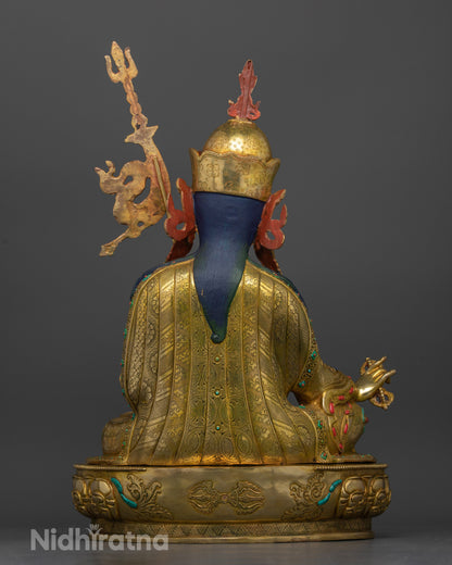 Back view Guru Rinpoche Tibetan Buddhist sculpture intricate Himalayan craftsmanship