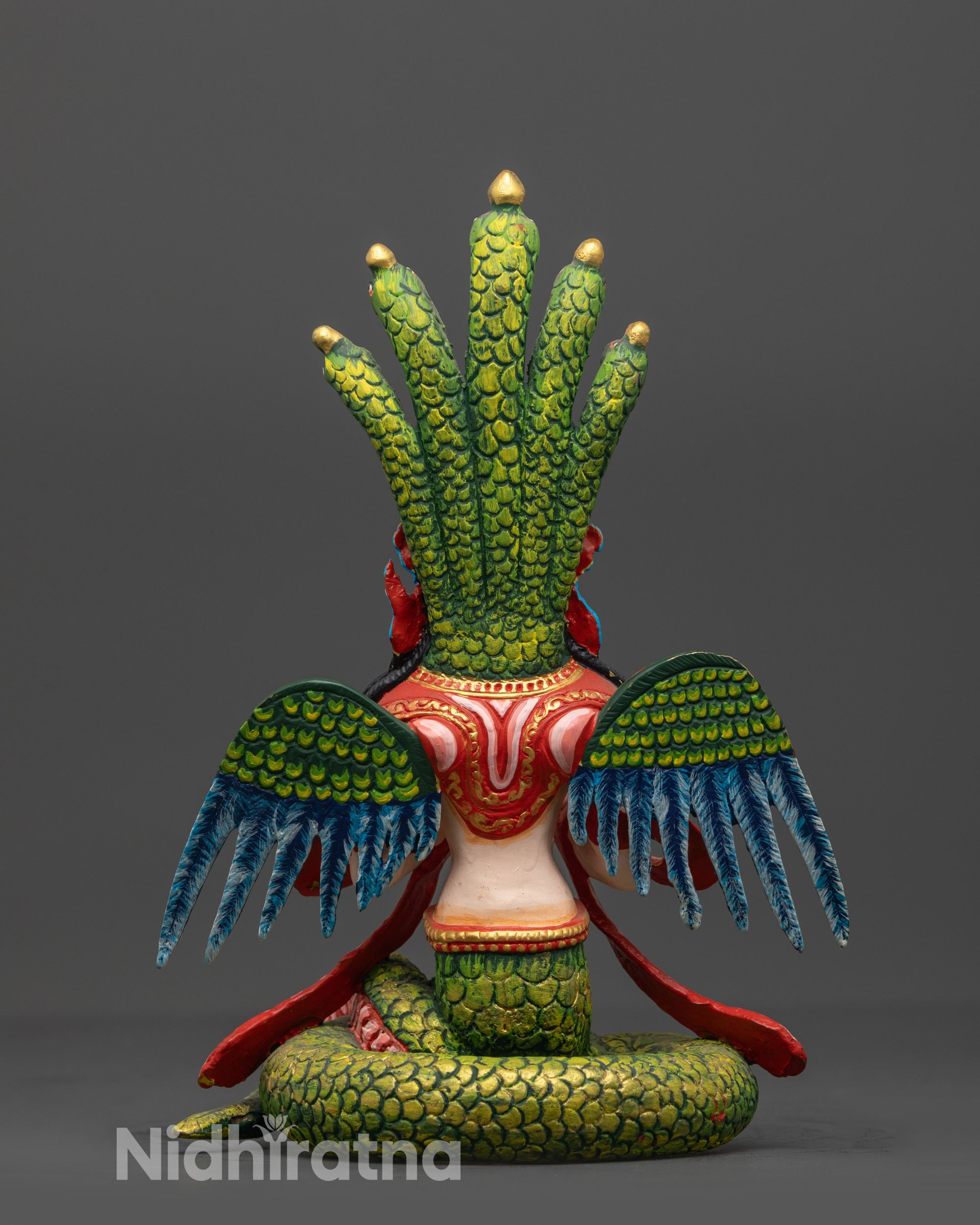 Back view Handcrafted Naga Kanya Statue with intricate carvings and radiant feather details