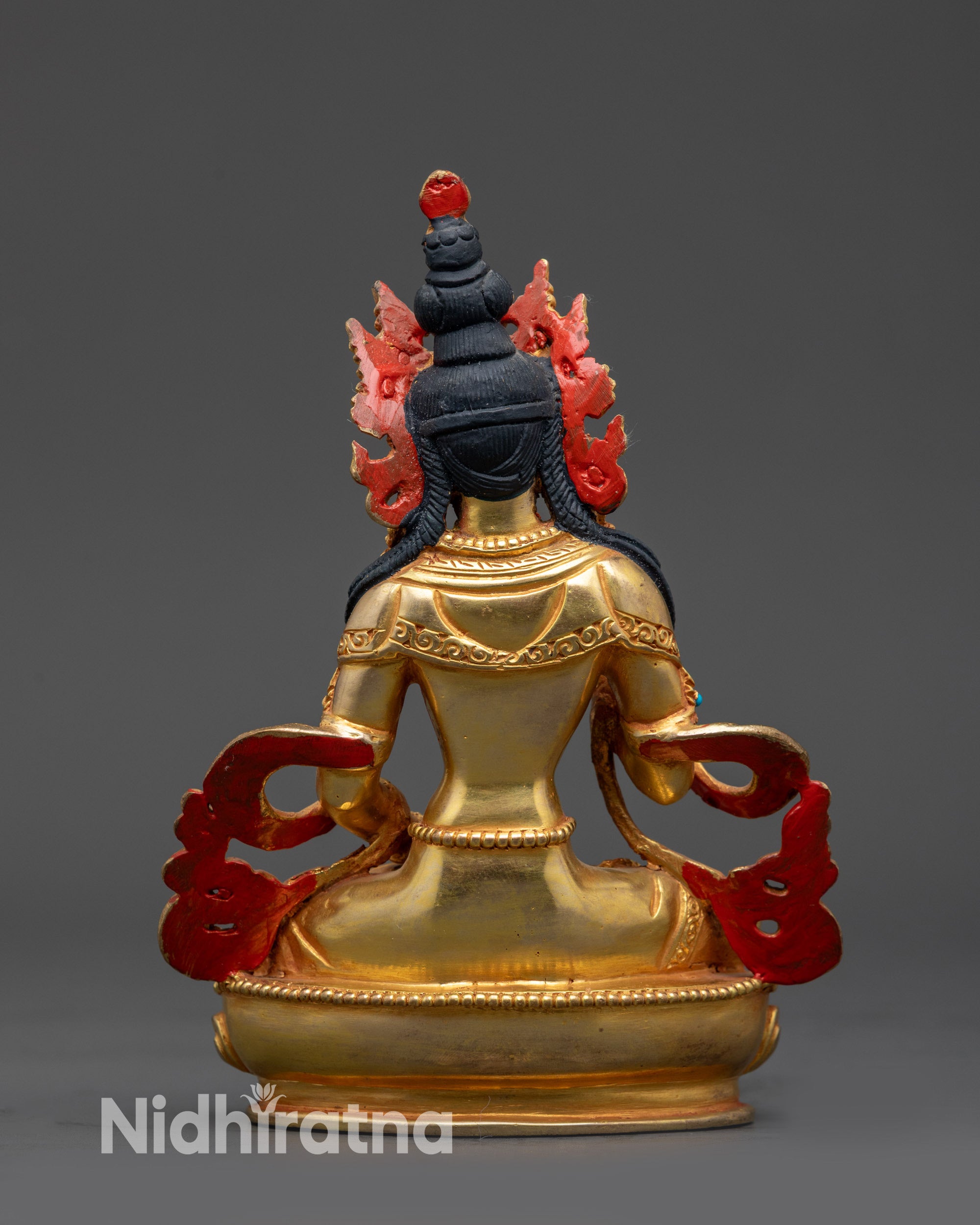 Back view Handcrafted gold-gilded copper Vajrasattva statue with flowing robes detail