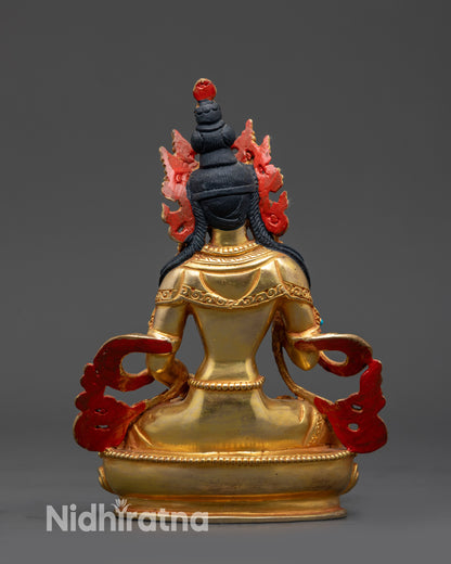 Back view Handcrafted gold-gilded copper Vajrasattva statue with flowing robes detail