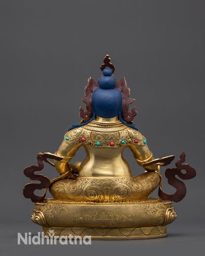 Back view Handmade Jambhala Sculpture showing robe patterns and detailed carvings