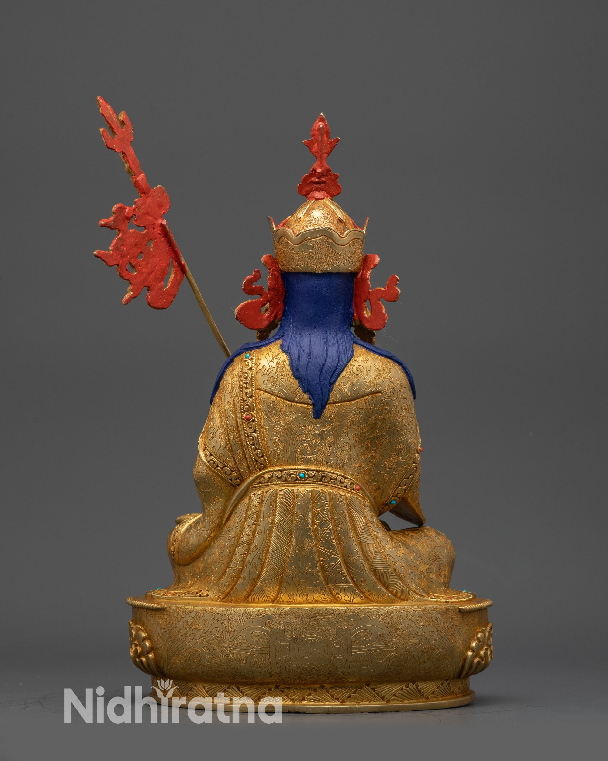 Back view Handmade Tsokye Dorje Statue highlighting lotus pedestal and engraved robe patterns