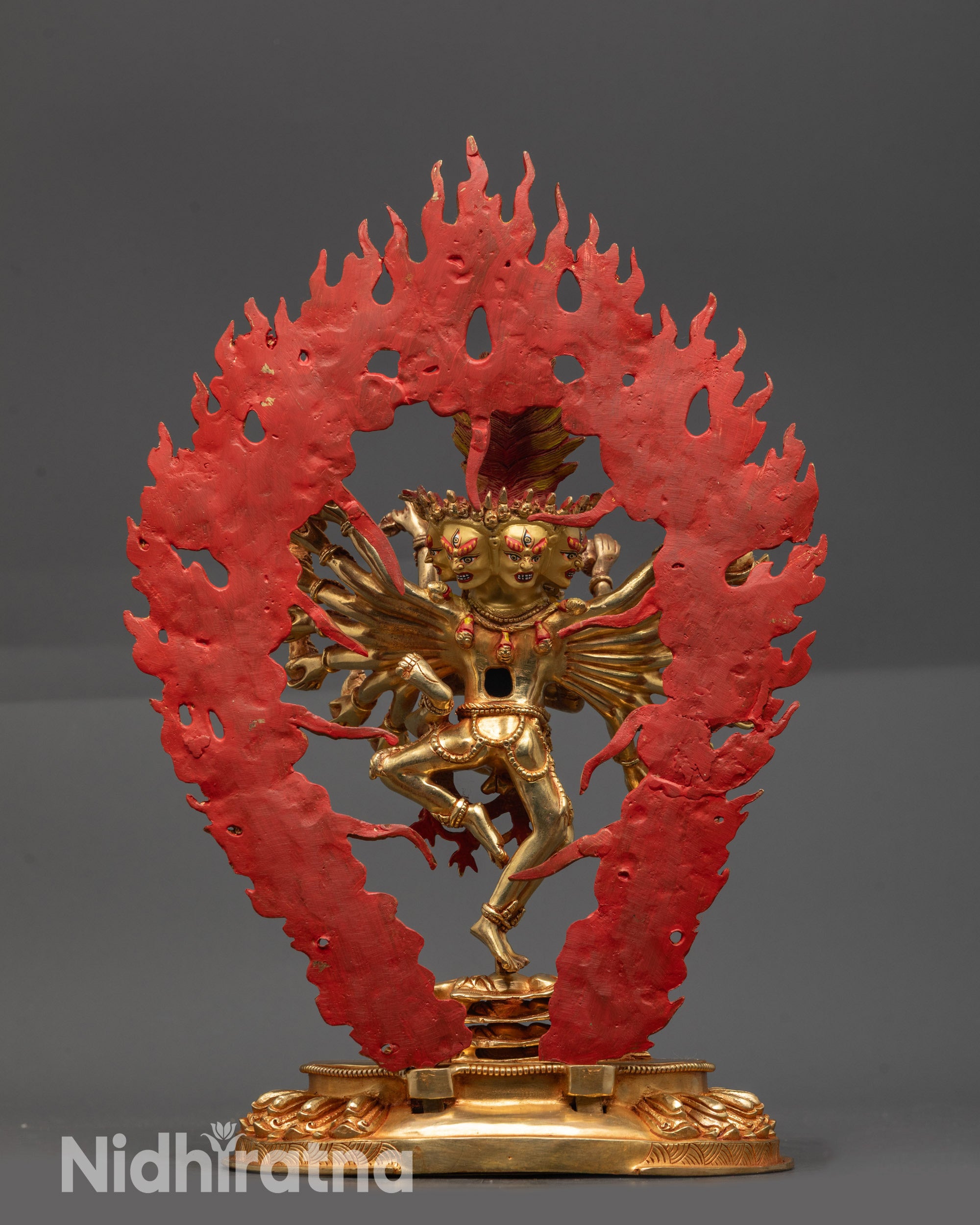 Back view Hevajra Statue with detailed halo, gold-fire gilded body and lotus seat