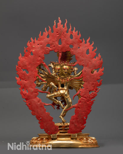 Back view Hevajra Statue with detailed halo, gold-fire gilded body and lotus seat