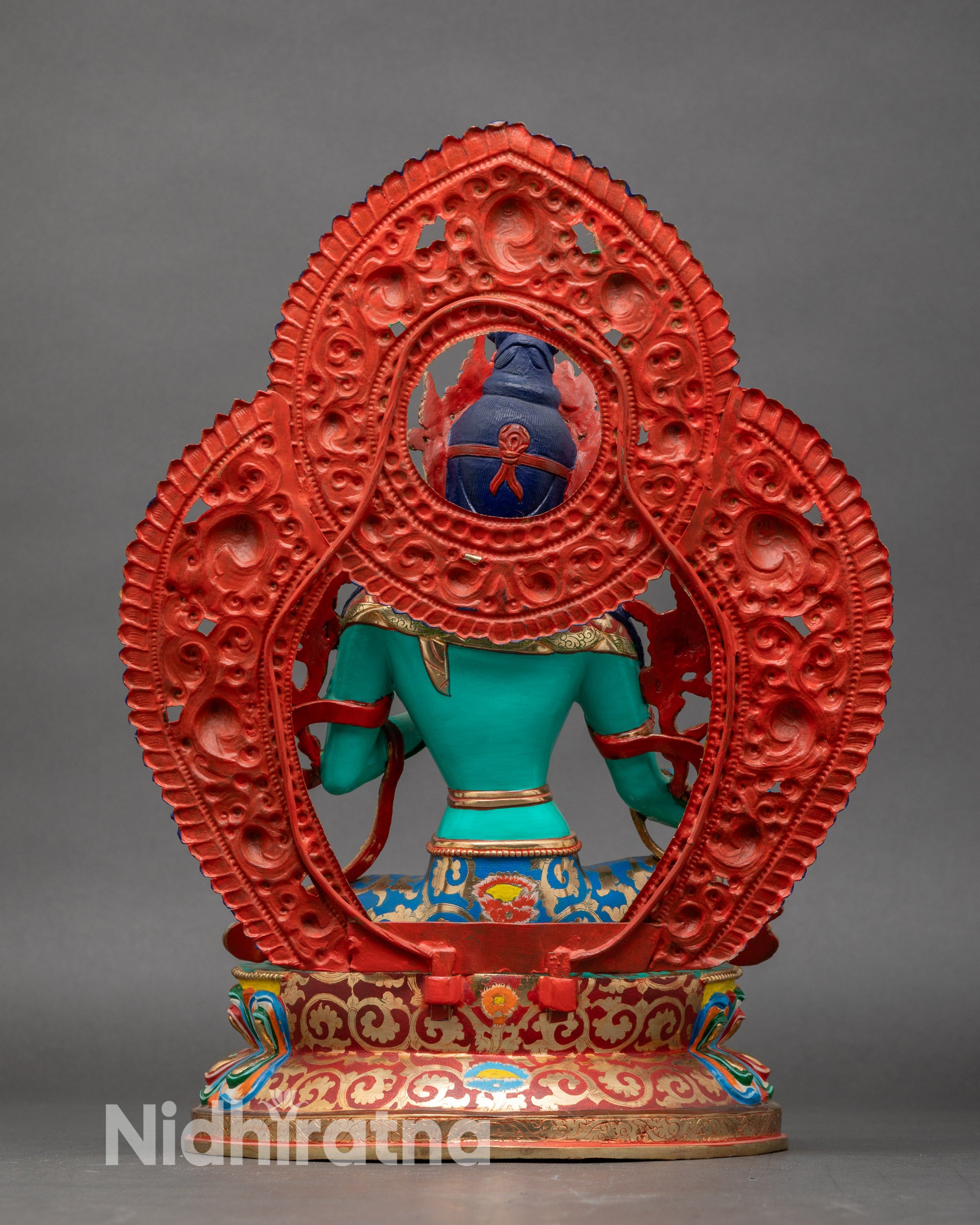 Back view Himalayan Green Tara statue with aureole halo and intricate hand-painted designs