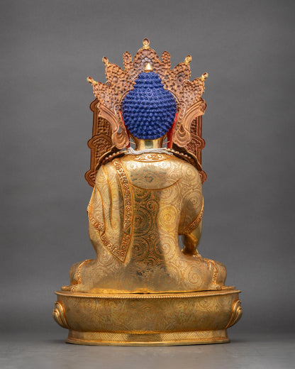 Back view Himalayan Jowo Rinpoche statue with intricately carved ceremonial robe and jewelry
