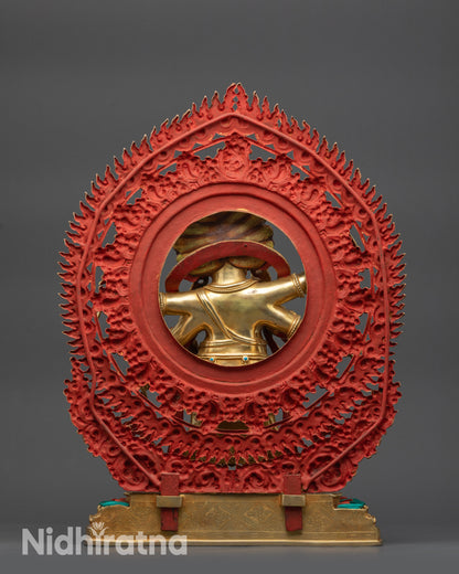 Back view Himalayan Mahakala statue with giant halo and floral patterned motifs
