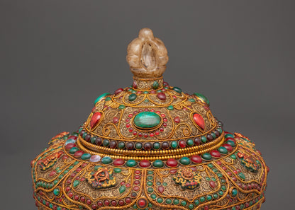 Back view Himalayan rice pot with crystal half Vajra handle and gold-plated details