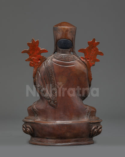 Back view Je Tsongkhapa Statue oxidized copper robes and lotus seat detailed patterns
