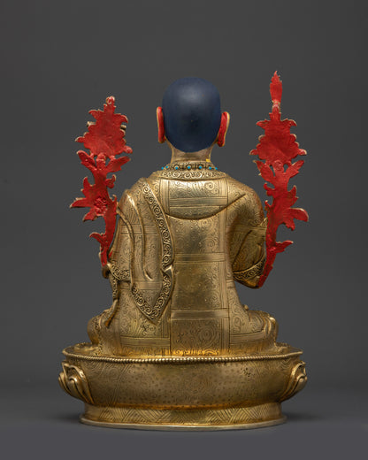 Back view Je Tsongkhapa statue highlighting detailed lotus seat and engraved robes