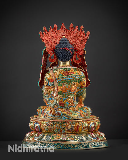 Back view Jowo Rinpoche Shakyamuni statue showing carved heritage scenes on robe
