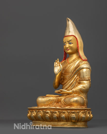 Back view Khedrup Je disciple statue showing carved robe and lotus throne details