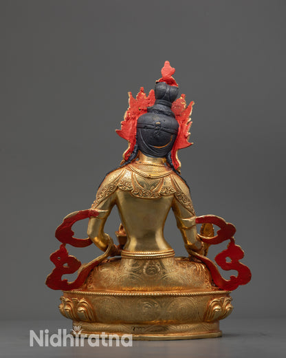 
Back view Ksitigarbha Statue highlighting fully carved robes and gold-fire crown
