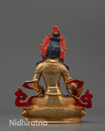 Back view Ksitigarbha Statue highlighting intricately carved garments and calm expression