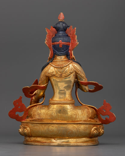 Back view Ksitigarbha copper statue ornate halo lotus base craftsmanship