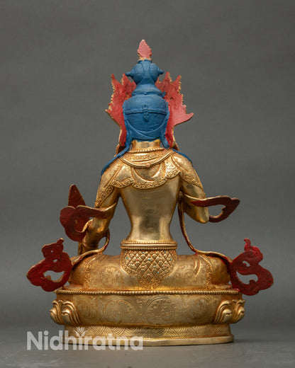 Back view Ksitigarbha statue showing engraved details and sacred metal craftsmanship