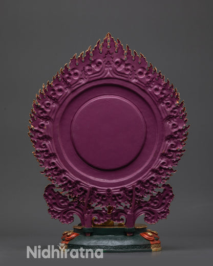 Back view Kurukulla Statue displaying subdued human figures and detailed halo design