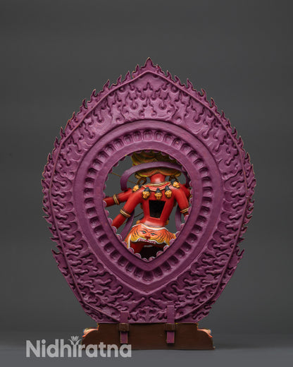 Back view Kurukulla Statue with gold-fire gilded blazing halo and intricate carvings 