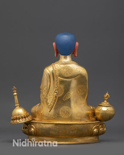 Back view Lama Atisa Statue with stupa and vajra, crafted by Nepalese artisans from Patan