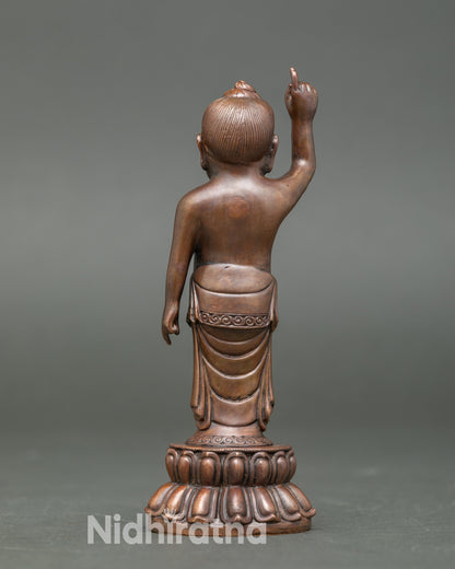 Back view Littel Buddha statue handmade by Newari artisan oxidized copper Buddhist sculpture
