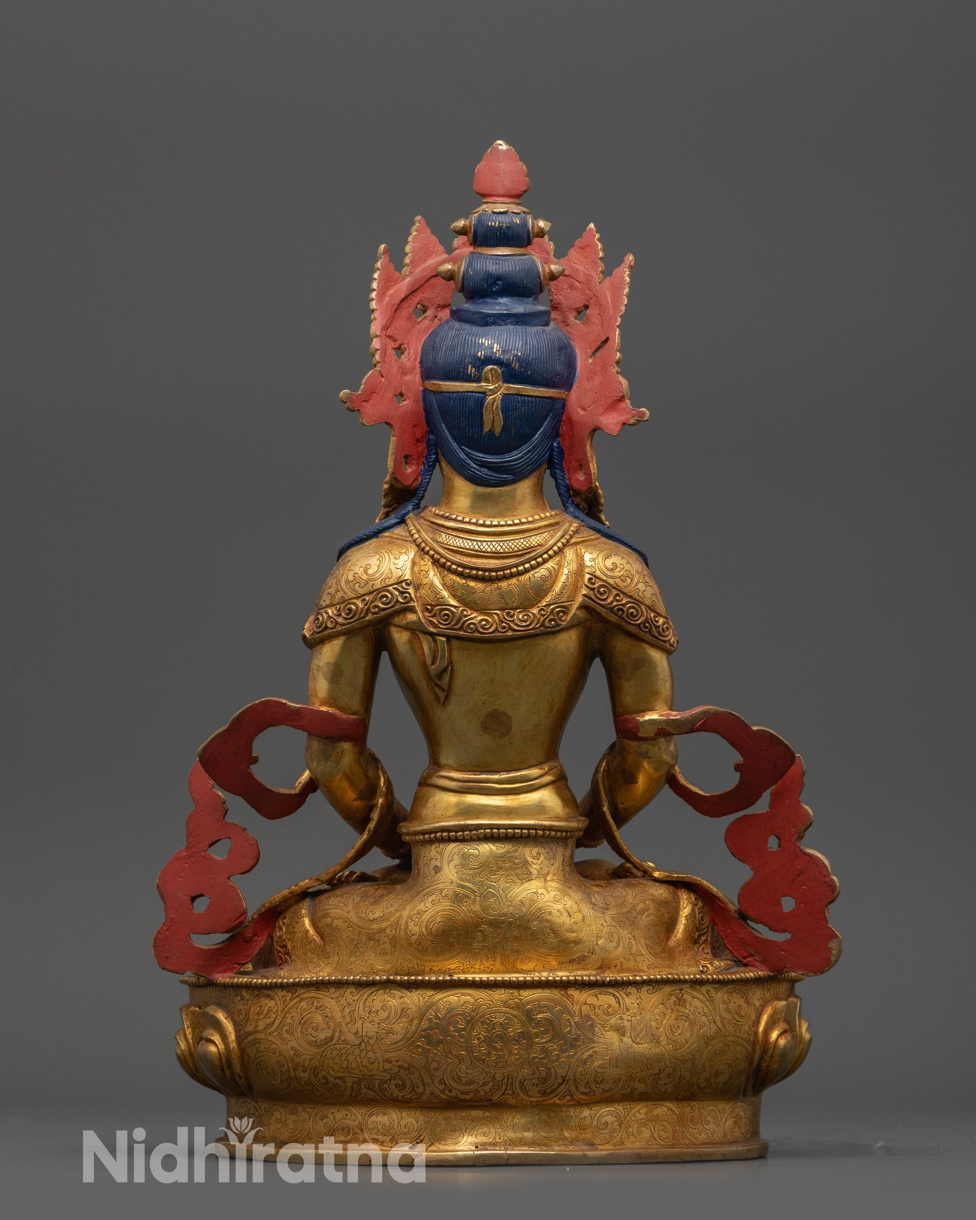 Back view Lord of Long Life Amitayus Statue showing intricate robes and traditional craftsmanship