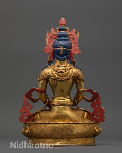 Back view Lord of Long Life Amitayus Statue showing intricate robes and traditional craftsmanship