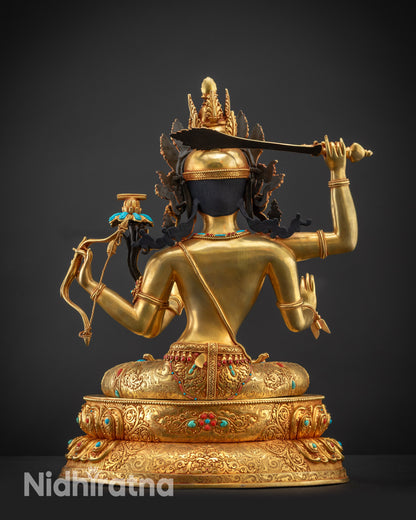 Back view Maha Manjushri Statue double layered lotus pedestal and robe with intricate carvings
