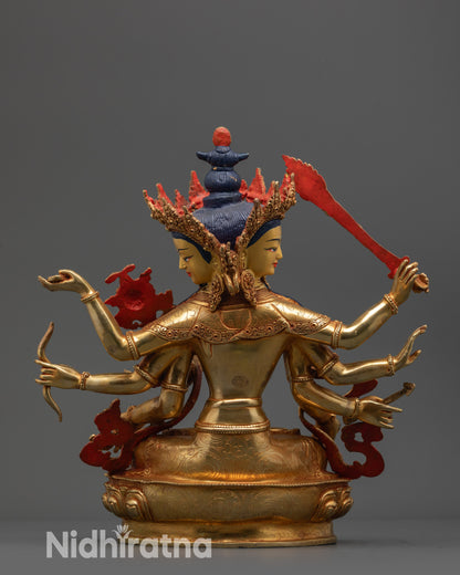 Back view Maha Manjushri Statue highlighting detailed carvings and sacred Tibetan design
