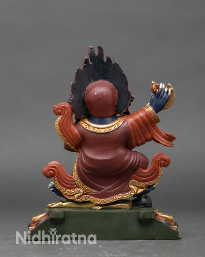 Back view Mahakala Bernagchen statue, hand-carved Nepalese Buddhist guardian with lotus base