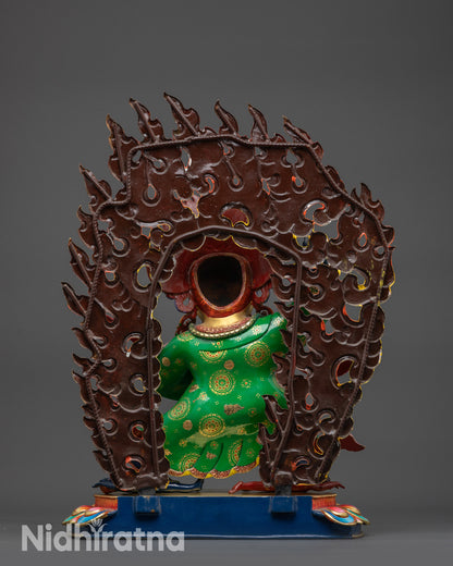 Back view Mahakala Statue with blazing halo and intricate lotus base carving