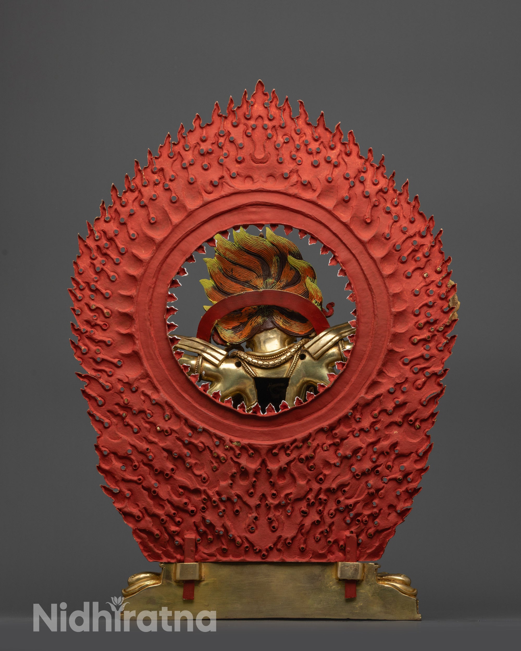 Back view Mahakala Statue with blazing painted skull halo and intricate copper craftsmanship