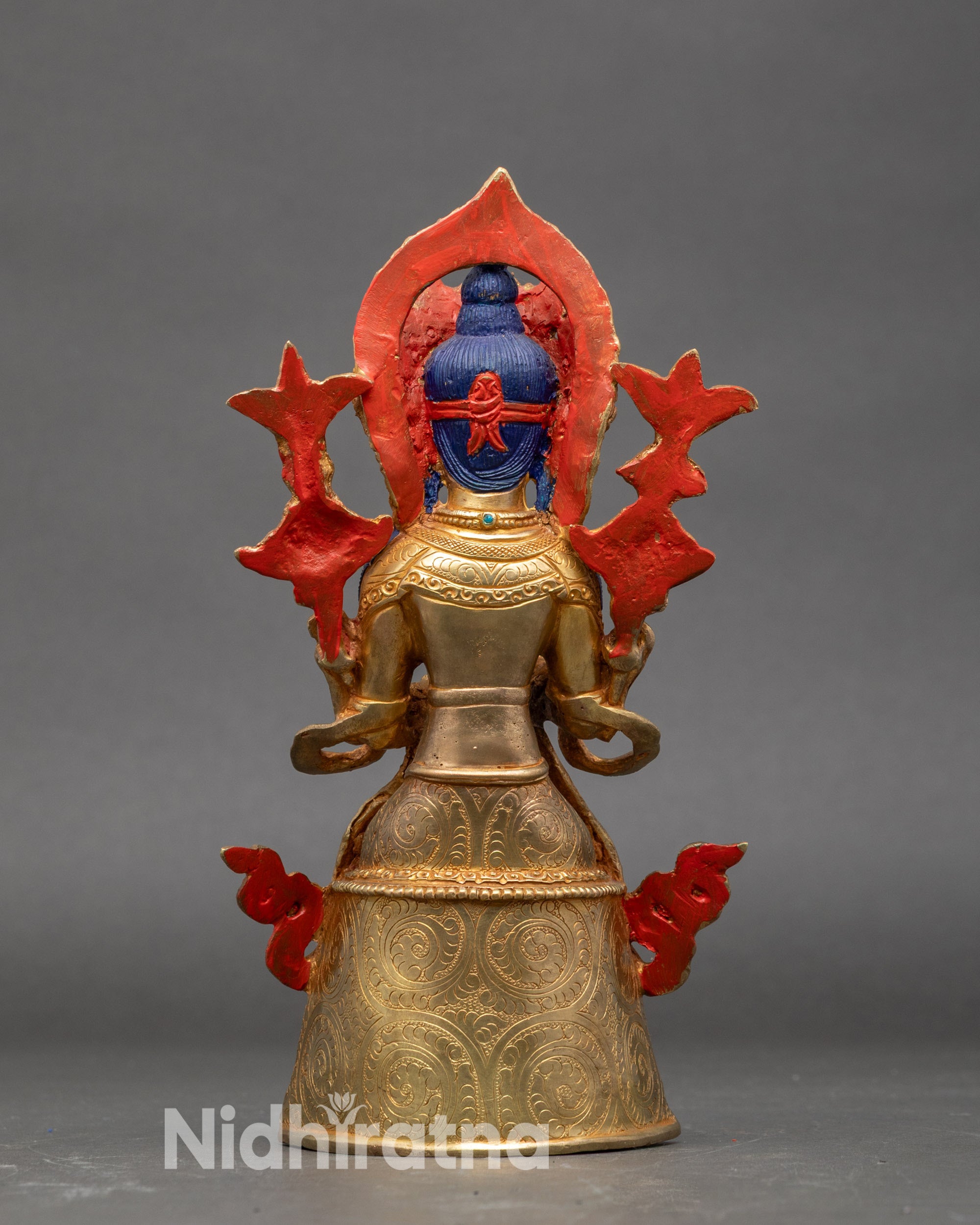 Back view Maitreya Buddha gold fire-gilded copper Himalayan sculpture