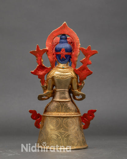 Back view Maitreya Buddha gold fire-gilded copper Himalayan sculpture