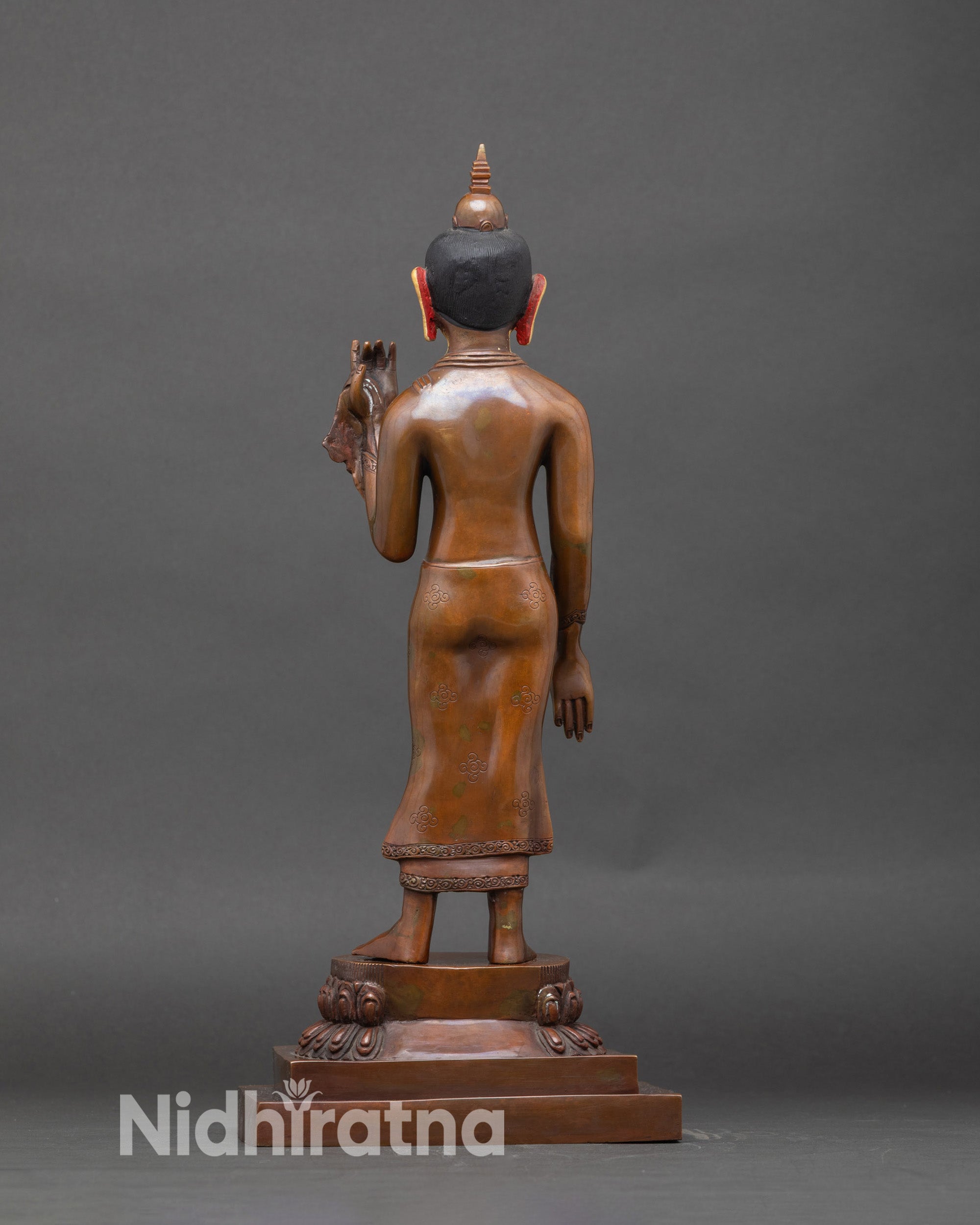 Back view Maitreya Buddha statue handmade Newari Buddhist sculpture oxidized copper Nepal